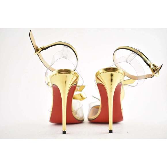 Christian Louboutin Alta Firma 100 Gold PVC T Strap Ankle Heel Sandal Pump 35 - Picture 11 of 12